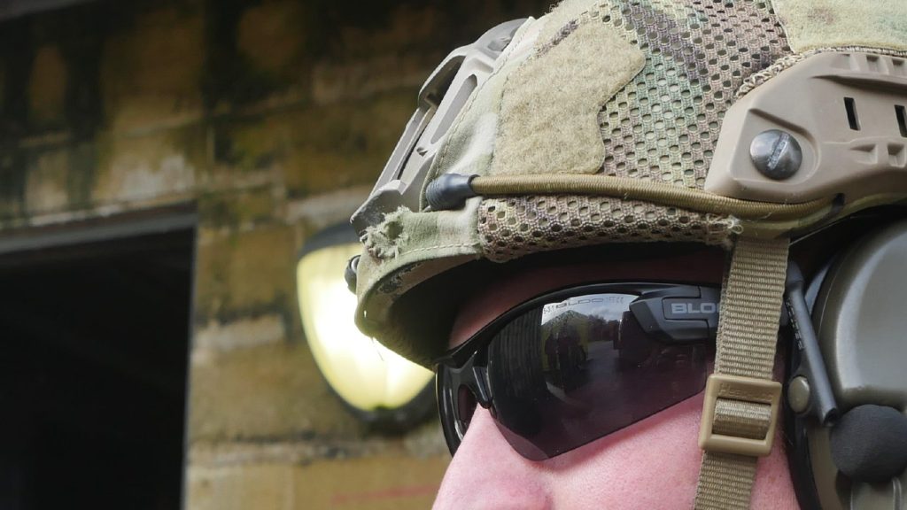 Close up of operator wearing Bloc Tactical Ballistic Eyewear