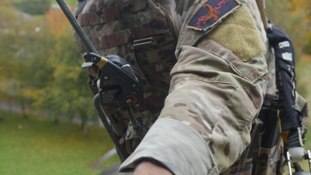 Close up of operator equipped with Crib Gogh VAULT (Vertical Assault User Light Tactical) Solider System