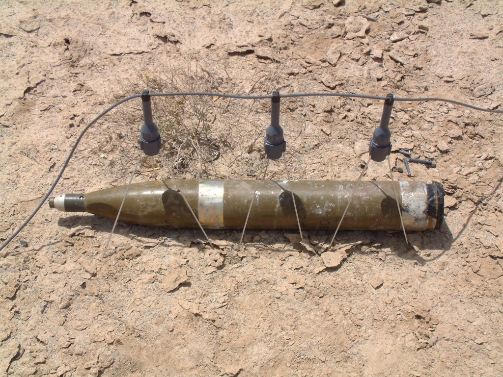 An array of three Alford Vulcan shaped charges against a 107mm rocket